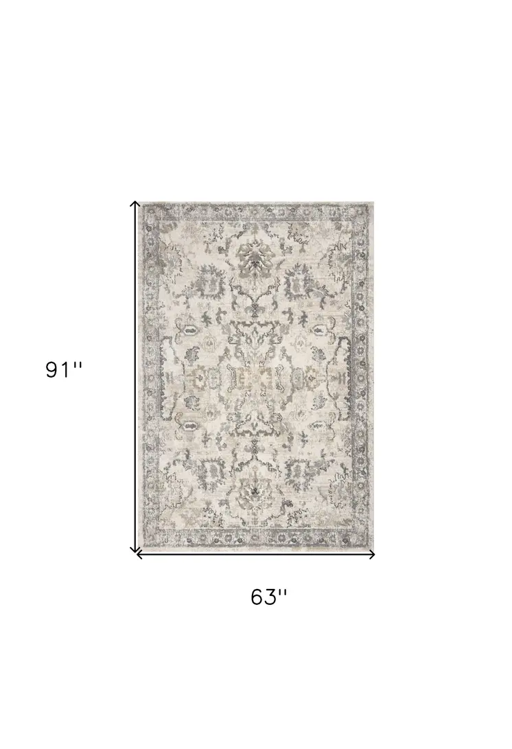 5' X 8' Ivory Machine Woven Distressed Floral Traditional Indoor Runner Rug
