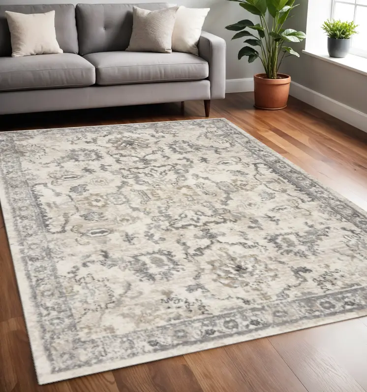 5' X 8' Ivory Machine Woven Distressed Floral Traditional Indoor Runner Rug