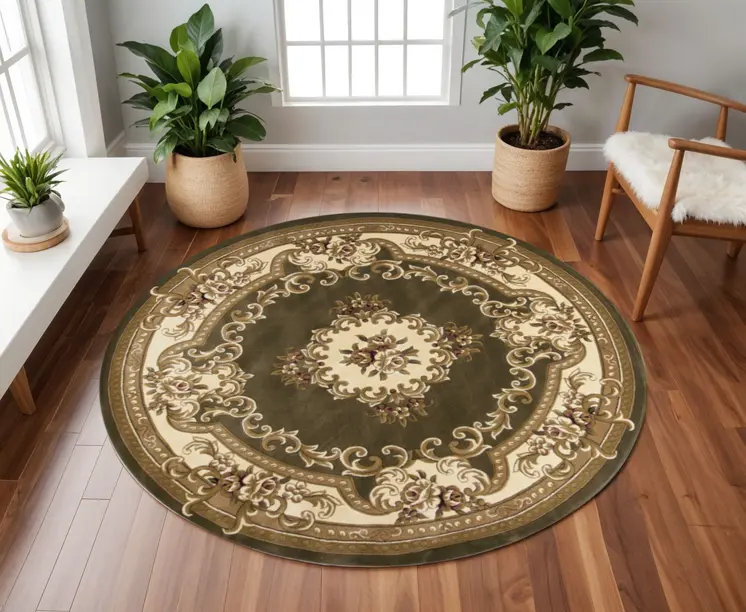 7' Green And Ivory Floral Medallion Round Rug