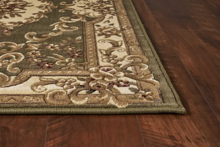 7' Green And Ivory Floral Medallion Round Rug