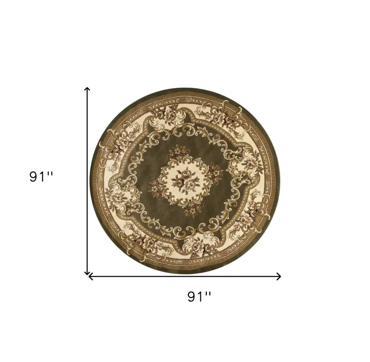 7' Green And Ivory Floral Medallion Round Rug