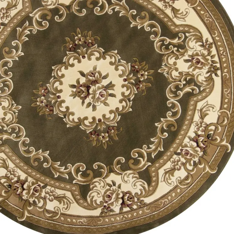 7' Green And Ivory Floral Medallion Round Rug