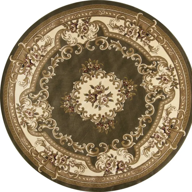 7' Green And Ivory Floral Medallion Round Rug