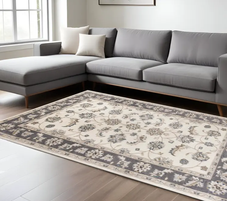 8' X 10' Ivory And Gray Floral Area Rug