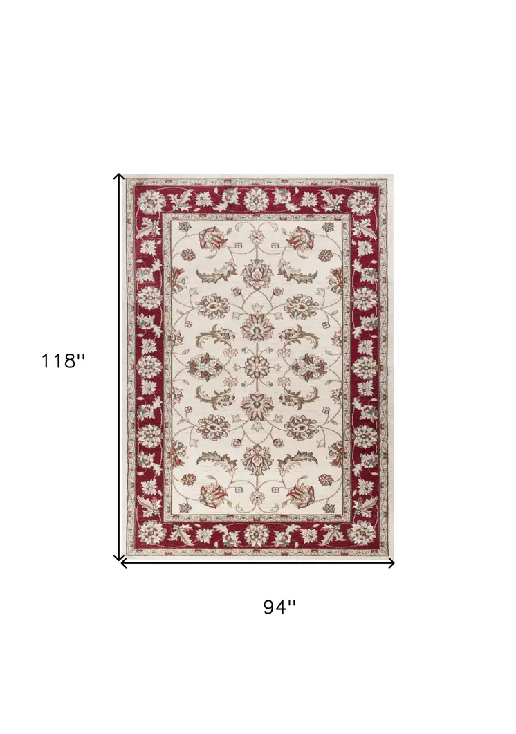 8' X 10' Ivory Or Red Floral Vine Bordered Indoor Area Rug