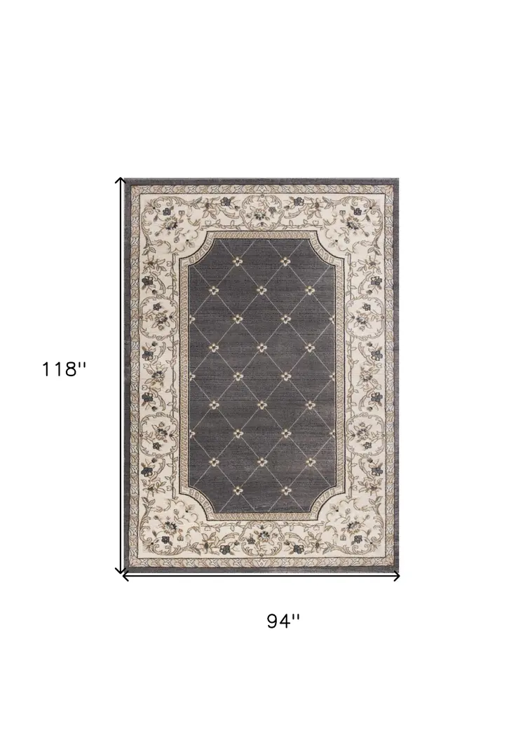 8' X 10' Grey Or Ivory Diamond Floral Bordered Indoor Area Rug