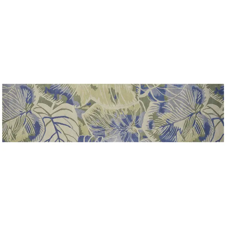 10' Blue And Green Wool Botanical Leaves Hand Tufted Runner Rug