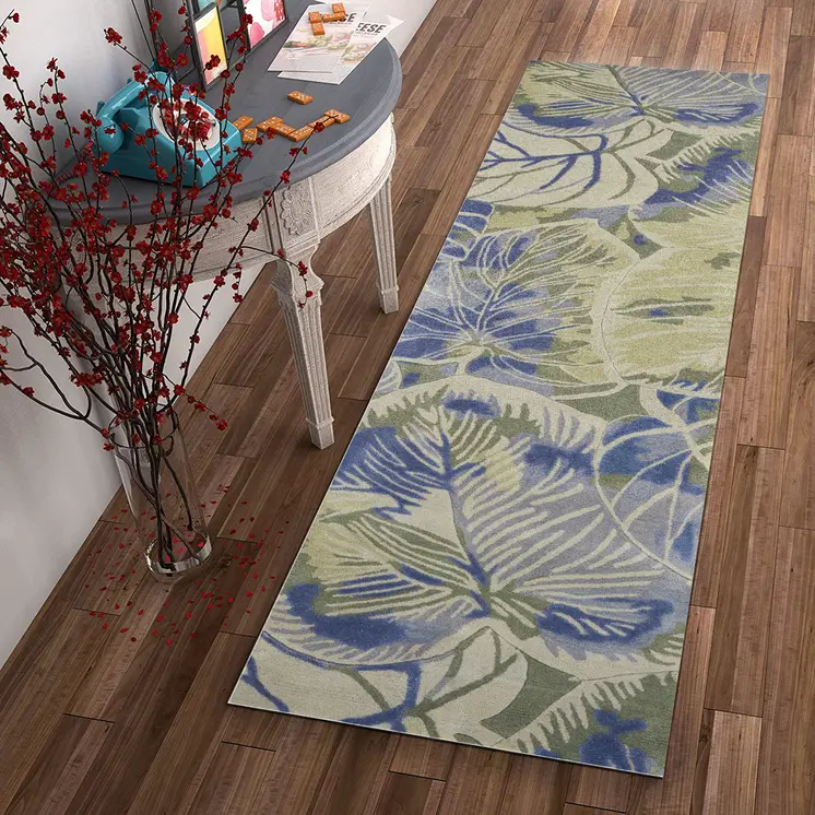 10' Blue And Green Wool Botanical Leaves Hand Tufted Runner Rug