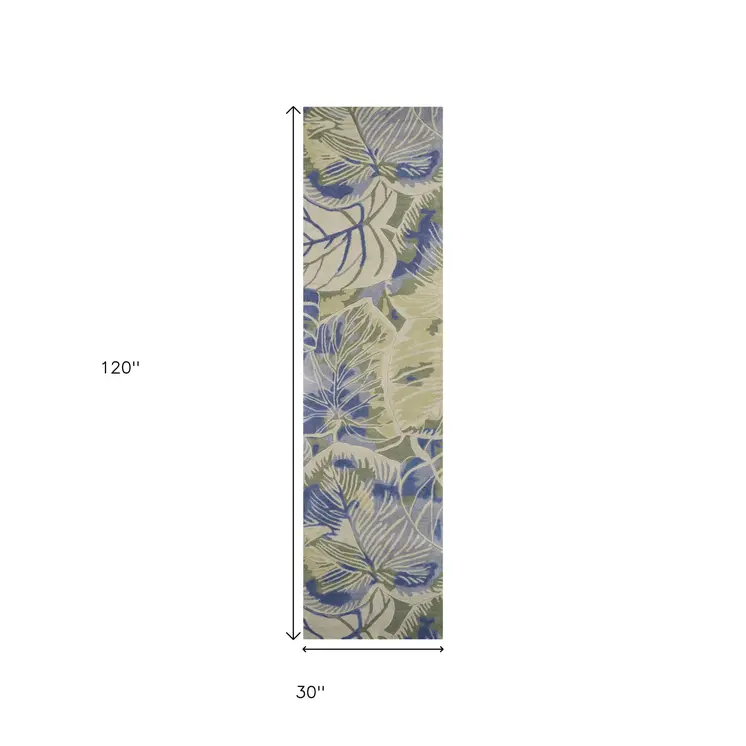 10' Blue And Green Wool Botanical Leaves Hand Tufted Runner Rug