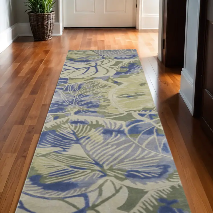 10' Blue And Green Wool Botanical Leaves Hand Tufted Runner Rug