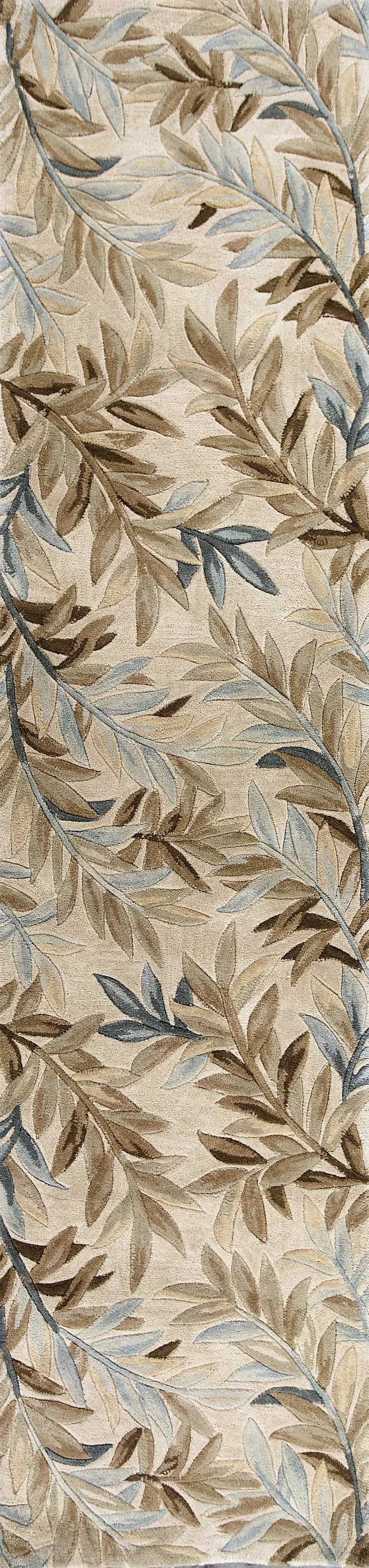 10' Ivory Brown And Blue Wool Botanical Leaves Hand Tufted Area Rug