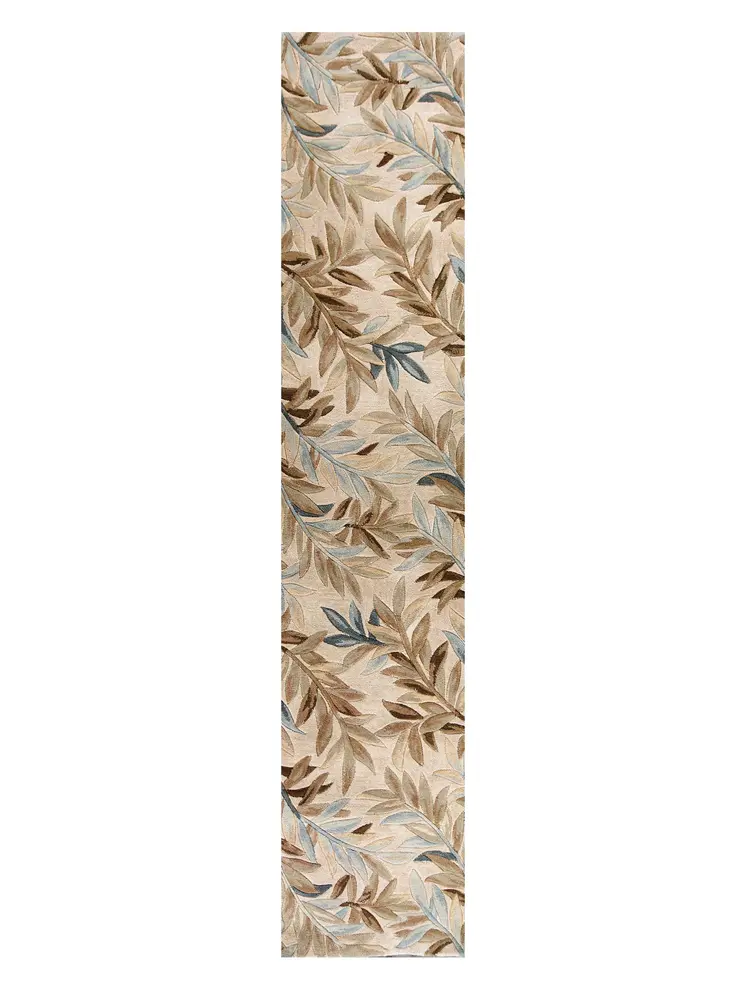 10' Ivory Brown And Blue Wool Botanical Leaves Hand Tufted Area Rug