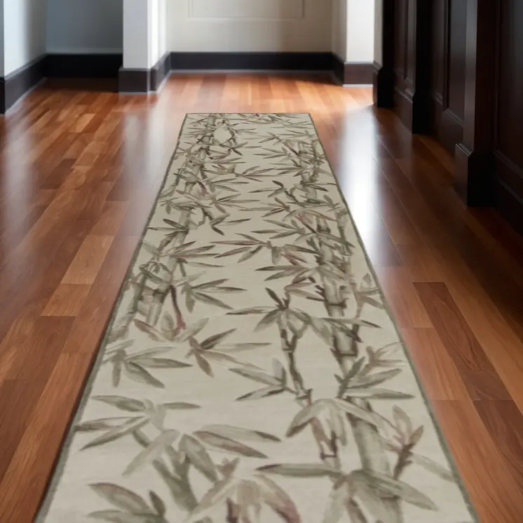 2' X 10' Ivory Bamboo Leaves Wool Indoor Runner Rug