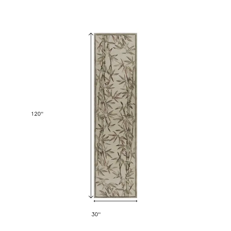2' X 10' Ivory Bamboo Leaves Wool Indoor Runner Rug