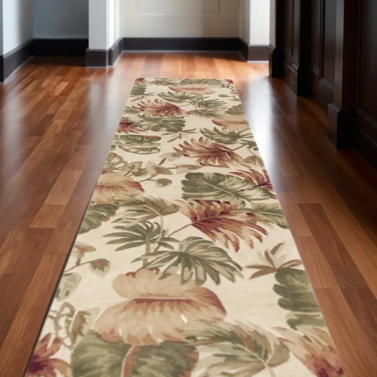 2' X 10' Beige Palm Leaves Wool Indoor Runner Rug