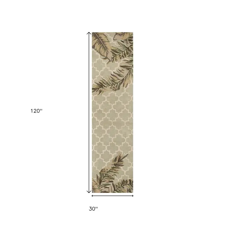 2' X 10' Sage Tropical Leaves Mosaic Wool Indoor Runner Rug