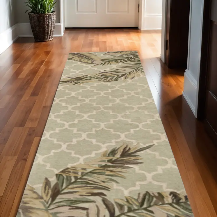 2' X 10' Sage Tropical Leaves Mosaic Wool Indoor Runner Rug