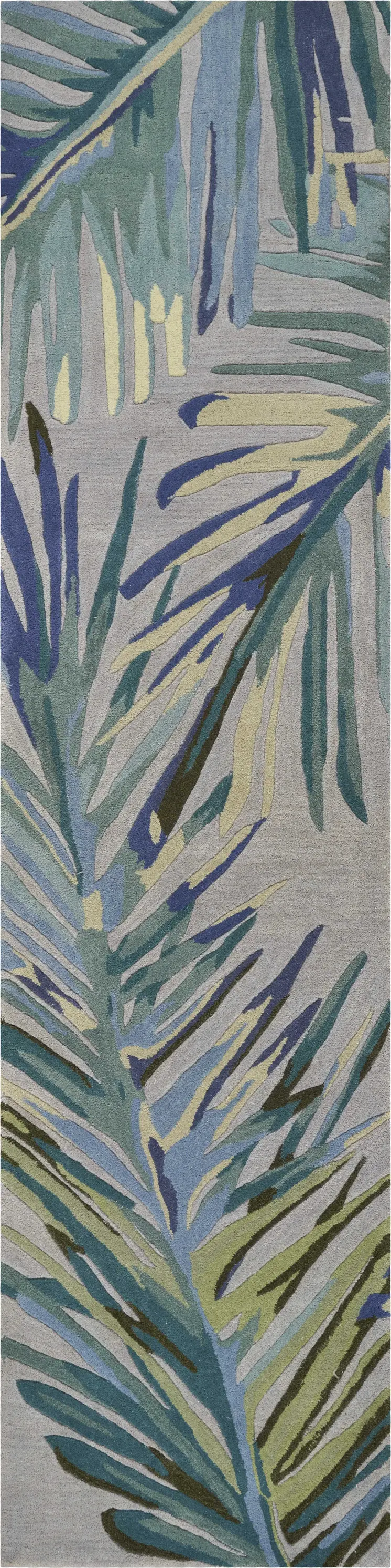 10' Gray And Blue Wool Tropical Botanical Hand Tufted Runner Rug
