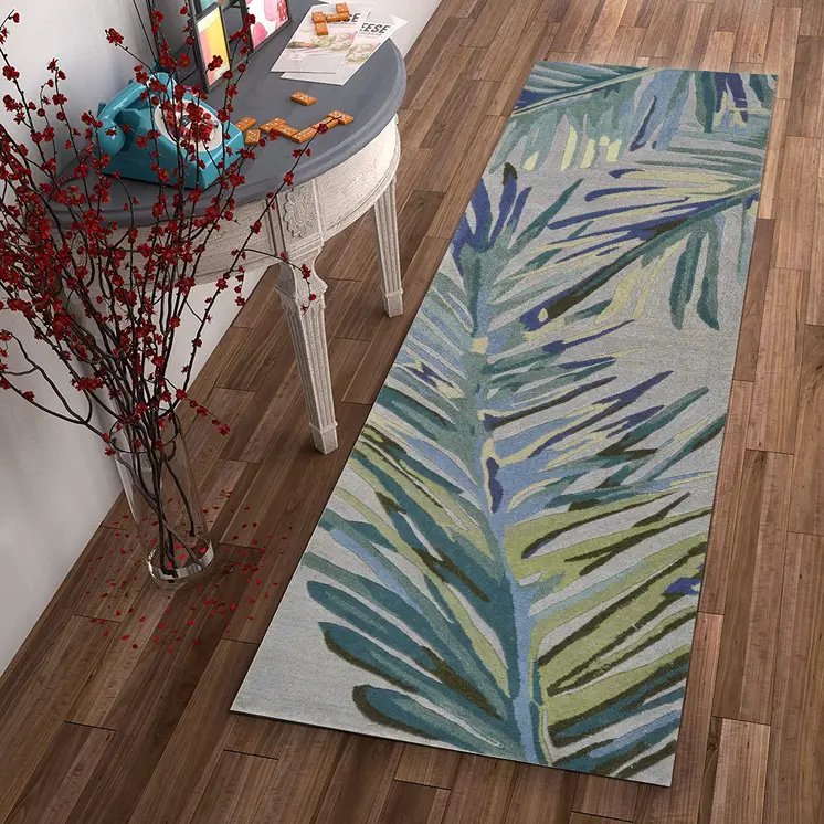 10' Gray And Blue Wool Tropical Botanical Hand Tufted Runner Rug