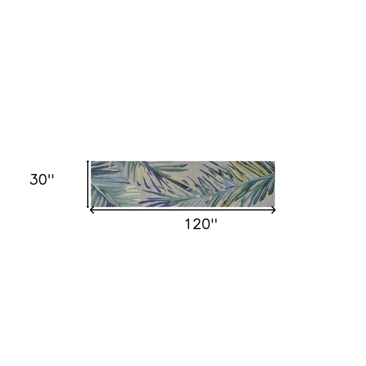 10' Gray And Blue Wool Tropical Botanical Hand Tufted Runner Rug