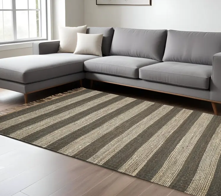 5' X 7' Brown and Beige Striped Hand Woven Area Rug