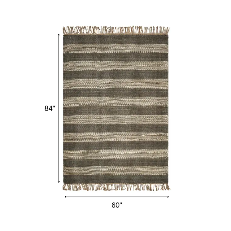 5' X 7' Brown and Beige Striped Hand Woven Area Rug