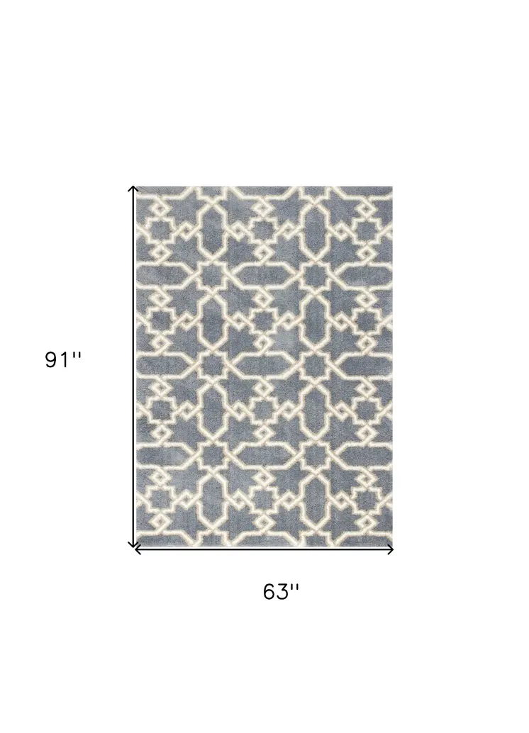 5' X 8' Slate Blue And Ivory Geometric Area Rug
