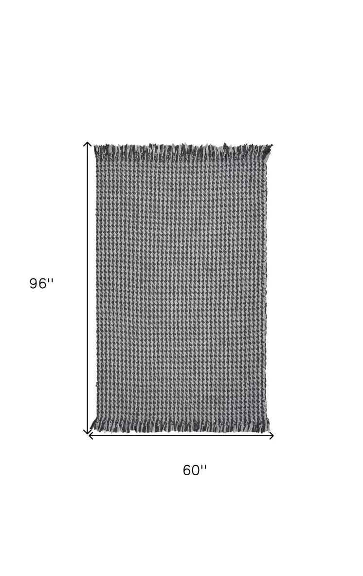 5' X 8' Dark Gray And Light Gray Wool Houndstooth Hand Woven Area Rug With Fringe