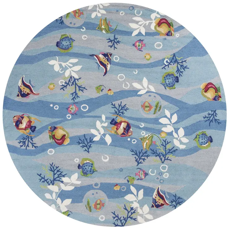 8' Blue Green And Red Fish and Coral Hand Hooked Round Rug
