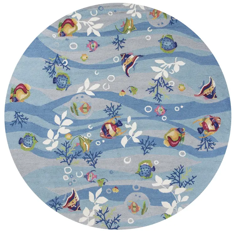 8' Blue Green And Red Fish and Coral Hand Hooked Round Rug