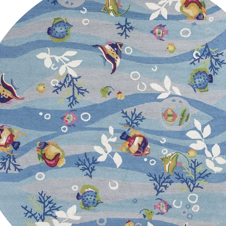8' Blue Green And Red Fish and Coral Hand Hooked Round Rug