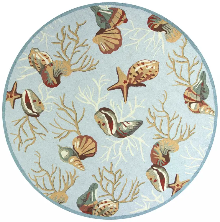 7' Blue Beige And Red Fish and Coral Hand Hooked Round Rug