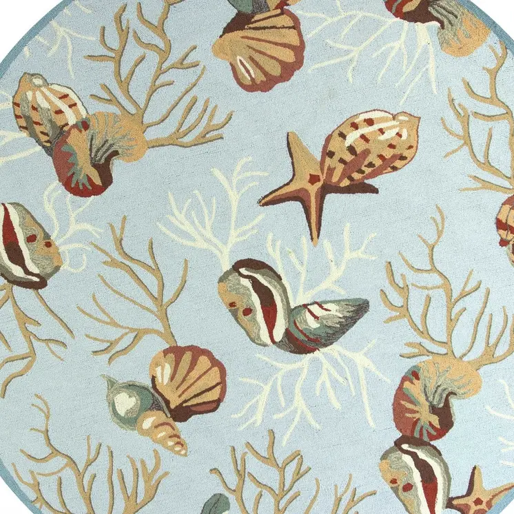 7' Blue Beige And Red Fish and Coral Hand Hooked Round Rug