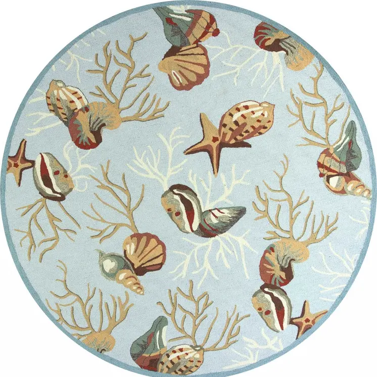 7' Blue Beige And Red Fish and Coral Hand Hooked Round Rug