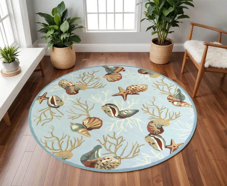 7' Blue Beige And Red Fish and Coral Hand Hooked Round Rug