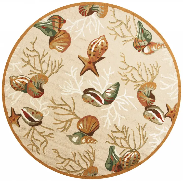 7' Beige Green And Red Fish and Coral Hand Hooked Round Rug