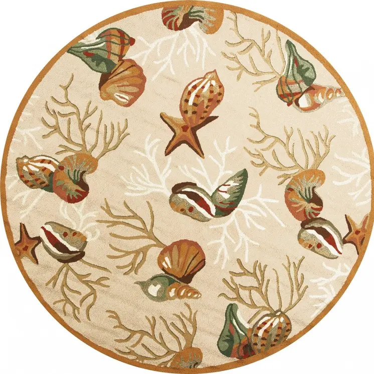 7' Beige Green And Red Fish and Coral Hand Hooked Round Rug