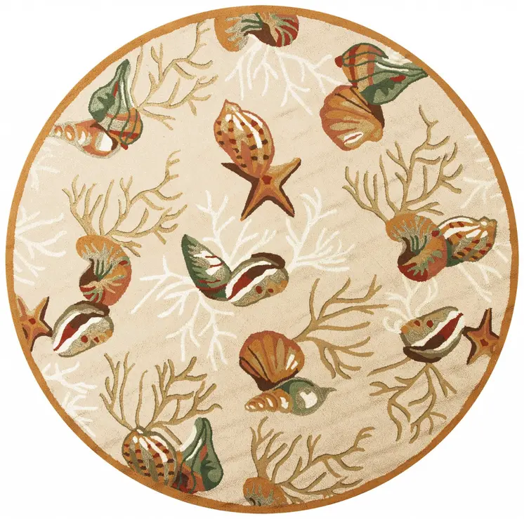 7' Beige Green And Red Fish and Coral Hand Hooked Round Rug