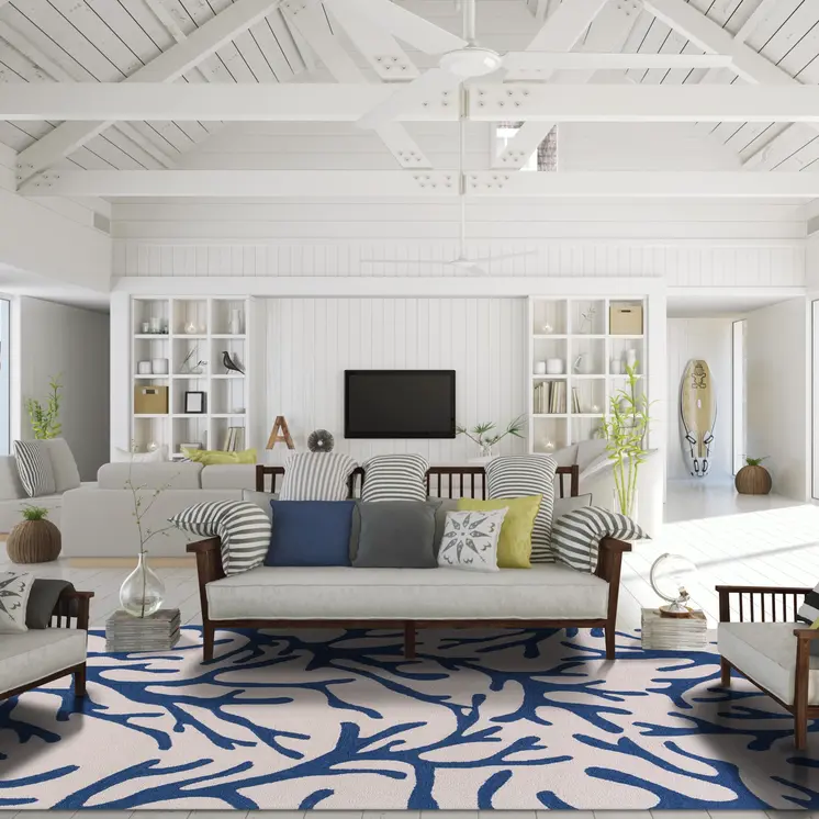 7' Ivory And Blue Coral Hand Hooked Round Rug