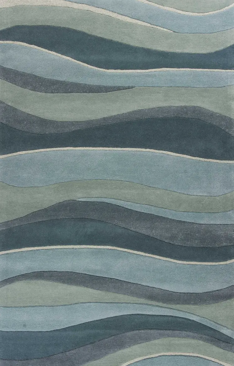 5' X 8' Aquamarine Abstract Waves Hand Tufted Wool Area Rug