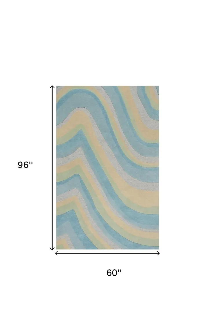 5' X 8' Ocean Blue Beige Hand Tufted Abstract Waves Indoor Area Rug