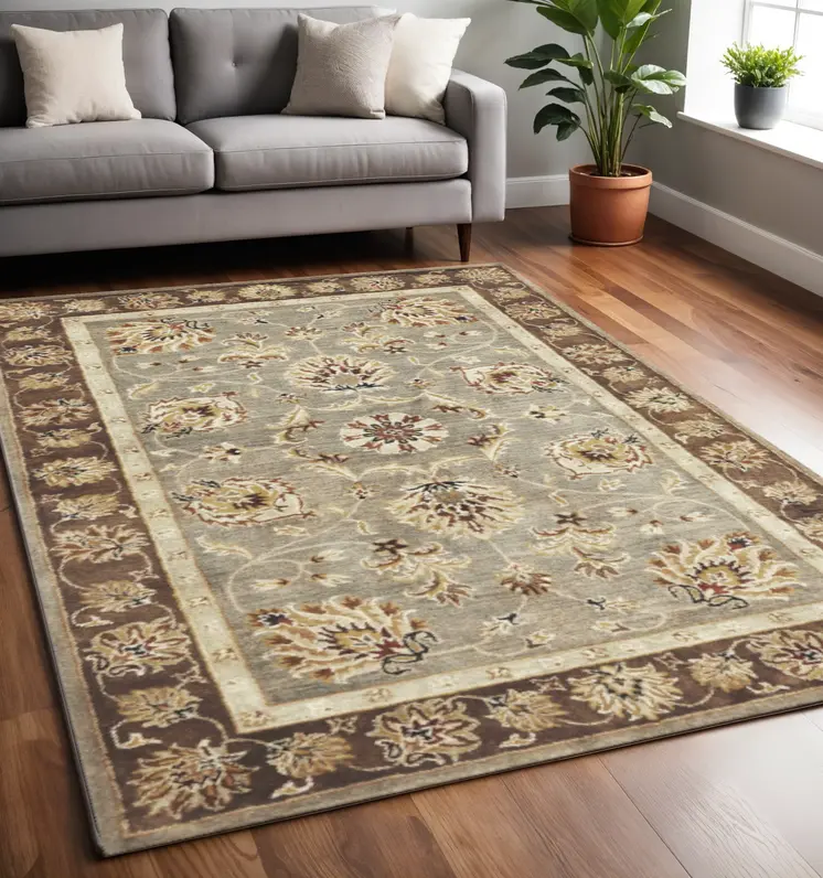 5' X 8' Gray Brown And Cream New Zealand Lambs Wool Floral Hand Tufted Area Rug