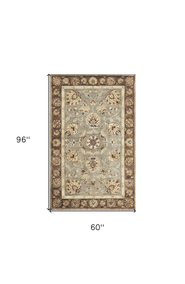 5' X 8' Gray Brown And Cream New Zealand Lambs Wool Floral Hand Tufted Area Rug