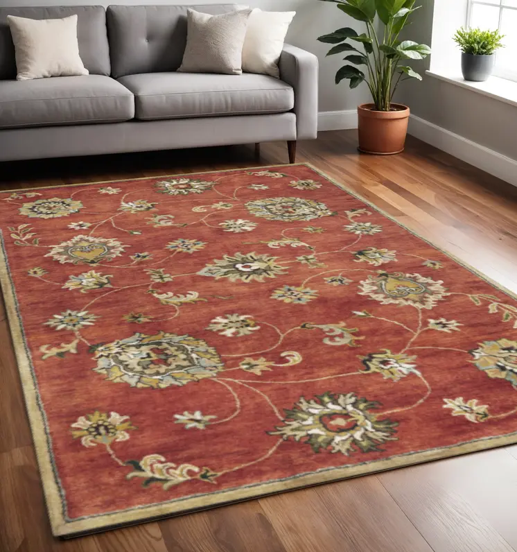 5' X 8' Sienna Gold And Green New Zealand Lambs Wool Floral Vines Hand Tufted Area Rug