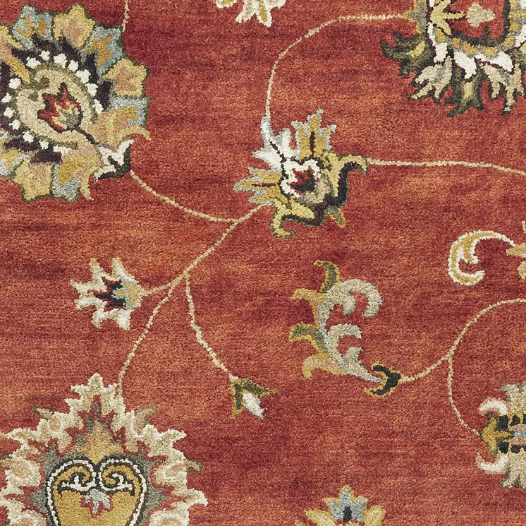 5' X 8' Sienna Gold And Green New Zealand Lambs Wool Floral Vines Hand Tufted Area Rug