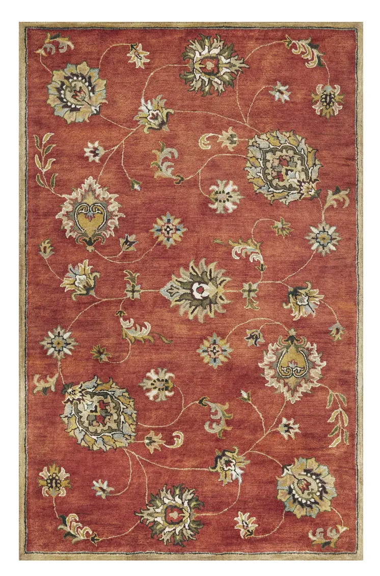5' X 8' Sienna Gold And Green New Zealand Lambs Wool Floral Vines Hand Tufted Area Rug