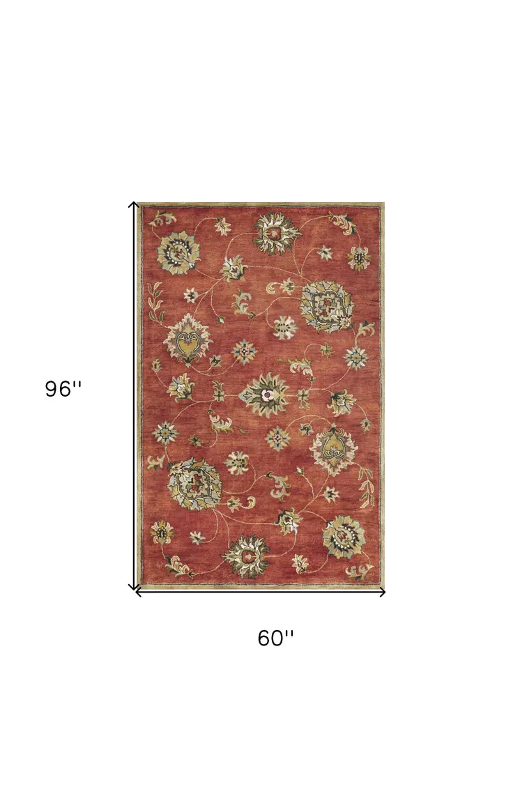 5' X 8' Sienna Gold And Green New Zealand Lambs Wool Floral Vines Hand Tufted Area Rug