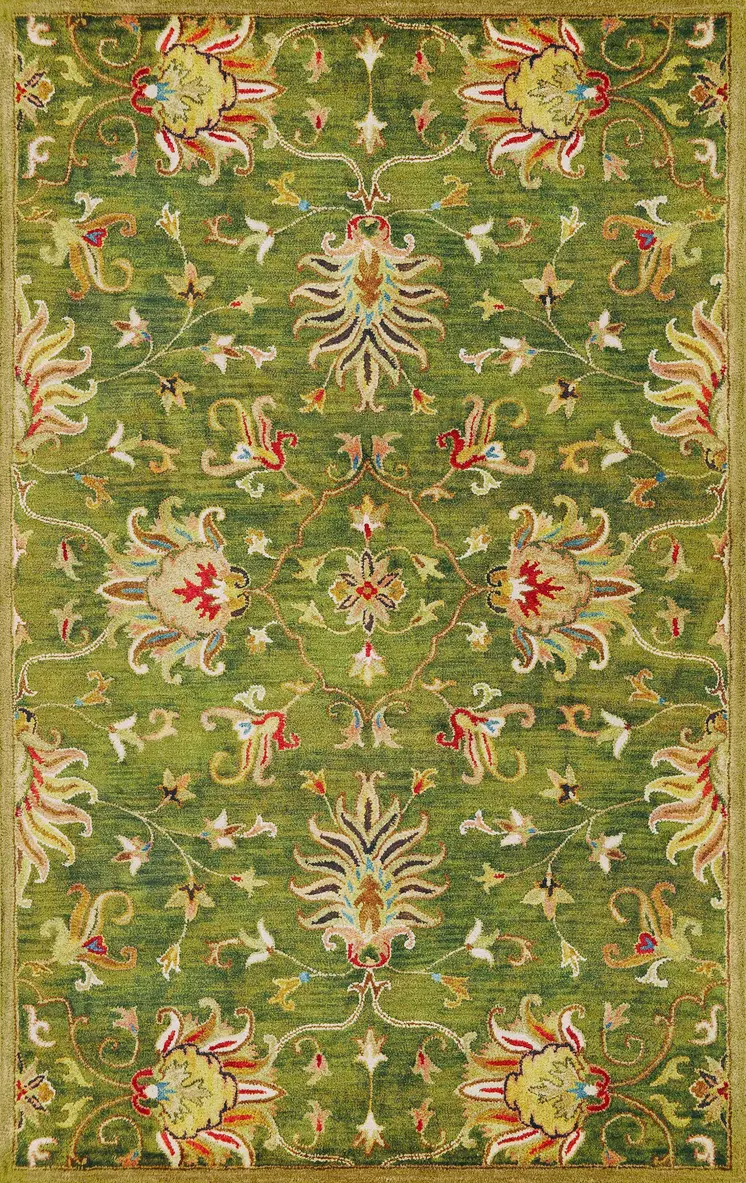5' X 8' Green and Red Wool Floral Vines Hand Tufted Area Rug
