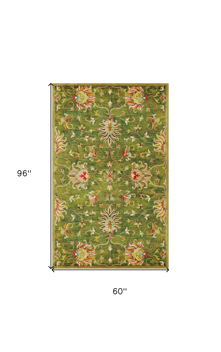 5' X 8' Green and Red Wool Floral Vines Hand Tufted Area Rug