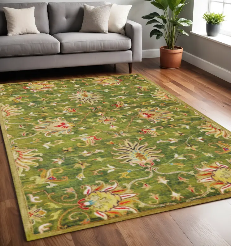 5' X 8' Green and Red Wool Floral Vines Hand Tufted Area Rug